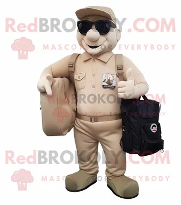 Immagine prodotto di Personaggio in costume della mascotte REDBROKOLY Commando beige vestito con una tuta e valigette