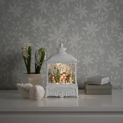 Immagine prodotto di Lanterna LED con pupazzi di neve - riempita d'acqua - H: 30cm - timer - batteria - interno - bianco