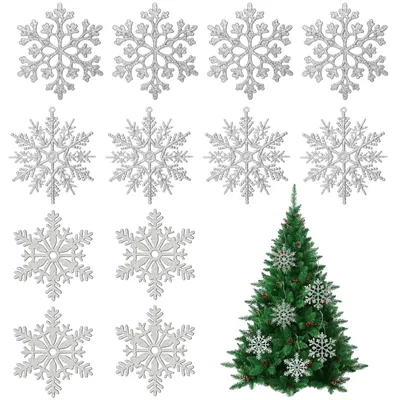 Schneeflocken-Ornamente, 12 Stück, Holz, Weiß, zum Aufhängen