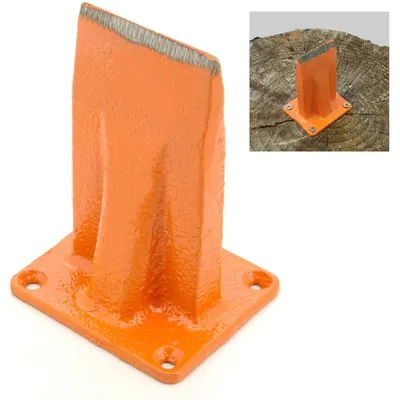 A close-up of an orange wood splitter attachment with a smaller inset image showing it attached to a log.
