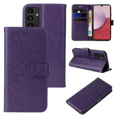 A collage of images showing a purple floral butterfly embossed flip phone case for a Samsung Galaxy A14 / A14 5G.