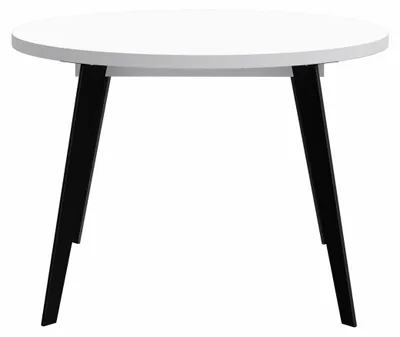 Esstisch TABLE ROUND 110 - 155 cm mit weißer Tischplatte und schwarzen Metallfüßen in Gesamtansicht.