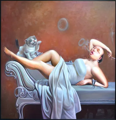 Produktbild von Fine Asianliving Ölgemälde 100% Handgemalt Rahmen Schwarz 100x100cm Chinesische Frau mit Zigarre Weiß