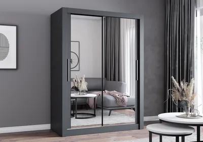 Produktbild von Easy4You MN Grau Schiebetürenschrank Kleiderschrank 180x215x64 cm mit Spiegel - Schlafzimmermöbel, Aufbewahrung – Mehrzweckschrank mit 2 Kleiderstangen