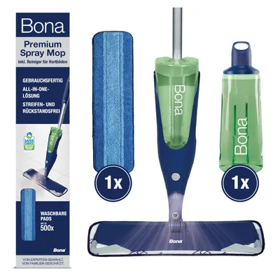 Produktbild von Bona Premium Spray Mop mit 1050 ml Reinigungsmittel für Hartböden, nachfüllbare Kartusche, inkl. Mikrofaser-Reinigungspad