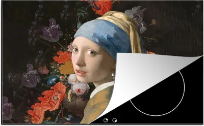Produktbild von KitchenYeah© Herdabdeckplatte Das Mädchen mit dem Perlenohrring - Vermeer - Blumen , 81x52cm, Küche Deko, Glaskeramikkochfeld Herdabdeckung, Abdeckplatte fùr Kochfeld