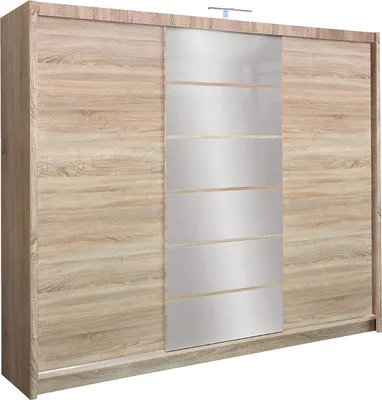 Produktbild von Schwebetürenschrank Malibu, 3 Türen Kleiderschrank mit 1 Spiegel, Moderne Garderobe, Schrank in Größe: 250 x 215 x 61 cm