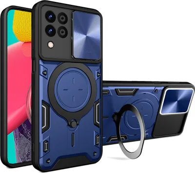 Produktbild von Handyhülle für Samsung Galaxy M33 5G Dual-Layer Stoßfest Rüstung Hülle mit Dia Kameraschutz und Kreisförmig Ring Ständer Blau