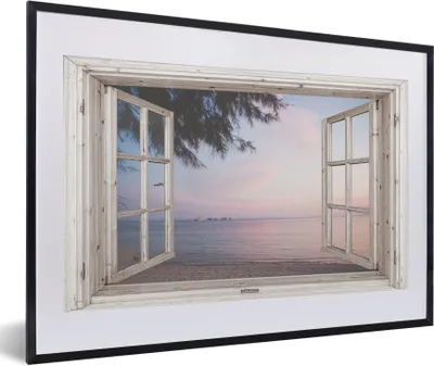 Produktbild von MuchoWow® Gerahmtes Poster Aussicht - Strand - Palme 60x40 cm - Poster mit Schwarzem Bilderrahmen Wandposter Rahmen Foto Bilder - Schlafzimmer - Plakat in Rahmen - Drucken