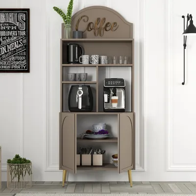 A coffee bar cabinet filled with coffee-related items.