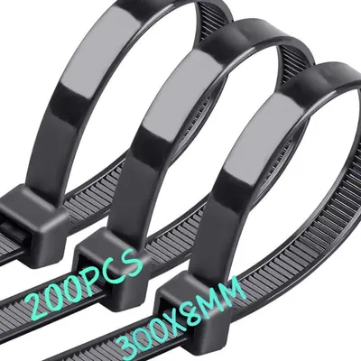 Produktbild von Kabelbinder Schwarz 300 mm x 8 mm UV-Beständig 70 kg Zugfestigkeit 200 Stück