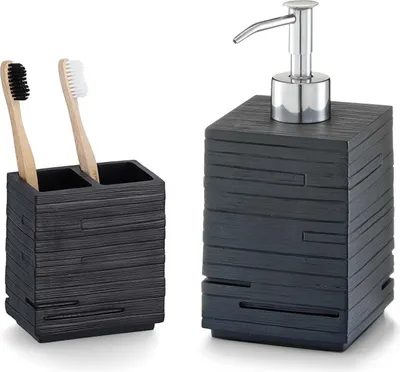 Produktbild von 2-teiliges Badezimmer-Set Schiefer Optik schwarz, Badzubehör-Set besteht aus: Seifenspender & 2-fach Zahnputzbecher, moderne Badausstattung von Zeller