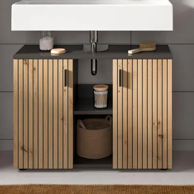 Produktbild von Badezimmer Waschbeckenunterschrank mit 80 cm Breite in Eiche und grau, gerillte Fronten, 2 Türen & 2 offene Fächer - MACKAY-158