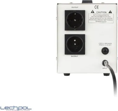 The back panel of a voltage stabilizer with two output sockets, a circuit breaker reset button, and an input power cord.