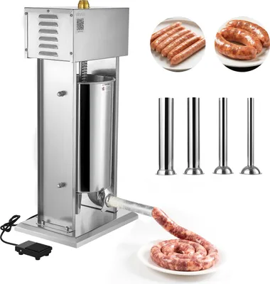 A stainless steel electric sausage stuffer with various sausage filling tubes and plates of sausages.