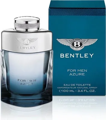 A bottle of Bentley for Men Azure Eau de Toilette and its packaging are displayed against a white background.