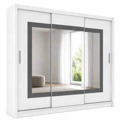 Produktbild von Schwebetürenschrank PRESTON 250 cm mit Spiegel – Kleiderschrank modern, großer Schlafzimmer Schrank (Weiss)
