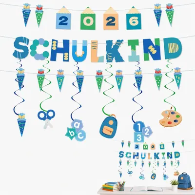 Einschulungsgirlande Schulkind 2026, blau, 12-teilig