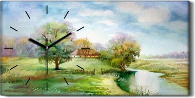 Produktbild von Wandkunst Leinwand Bild Uhr 60x30 Gemälde Landschaft Bäume Himmel Wolken - schwarze Hände