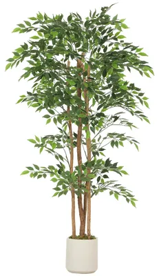 Immagine prodotto di Albero di banyan artificiale, altezza 180 cm, con tronco in legno. Colore: verde e bianco. Dimensioni: 75x75x180 cm
