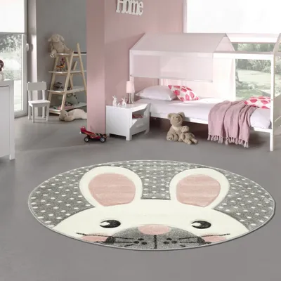 Zdjęcie produktu dla Dywan dziecięcy Dywan do zabawy Dywan do pokoju dziecięcego Dywan dziecięcy Króliczek w kolorze różowym białym szarym Rozmiar - 120 cm Okrągły
