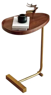 Imagen del producto de Mesita auxiliar pequeña, diseño moderno, con vetas oscuras de madera, de forma curvada que ahorra espacio, ideal para el salón, el sofá o un hotel. Diseño con ranuras y marco dorado
