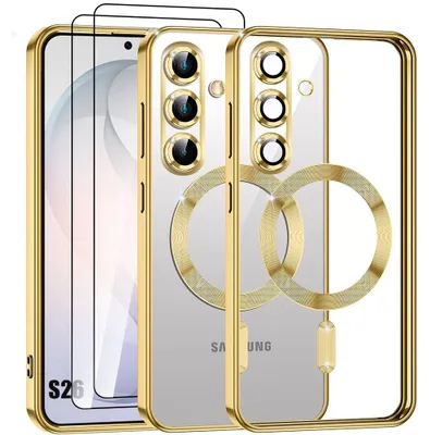 Image de Coque + 2 Verres Trempés pour Samsung Galaxy S26, Antichoc Transparent avec Cercle Magnétique Contour Doré