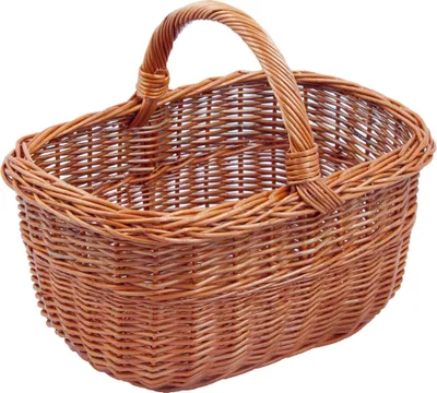 A close-up view of a woven basket with a handle.