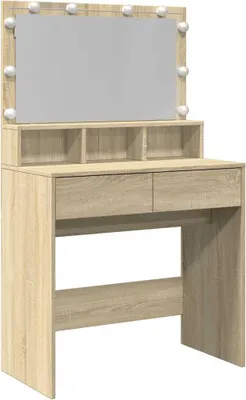 A wooden vanity table with a large mirror and LED lights.