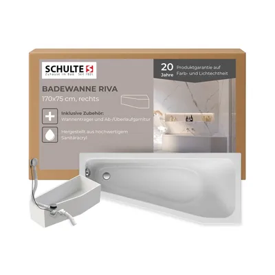 Produktbild von Schulte Raumsparbadewanne Modell Riva, Version rechts, Weiß Sanitäracryl, 170x75 cm, Höhe 58 cm, inkl. Set Hartschaum-Wannenträger + Ab- und Überlauf