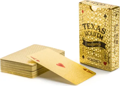 Produktbild von Goods & Gadgets Gold PVC Spielkarten, wasserdicht, 54 Karten inkl. 2 Joker, mit großen Eckzeichen, formstabil, für Poker & Kartenspiele (Black Jack, Texas Hold'em, Omaha, Seven Card Stud, Rommé, Skat, Doppelkopf, Canasta)