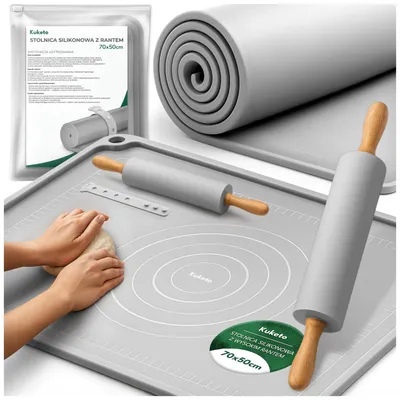 Obrázek produktu pro Kuketo | Silikonová podložka na pečivo 70 × 50 cm s vysokým okrajem + silikonový váleček na pečivo - velká protiskluzová a žáruvzdorná podložka na pečení a do kuchyně
