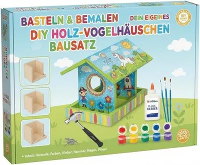 Obrázek produktu pro Sada pro stavbu budky pro ptáky pro děti i dospělé – kompletní set s kladivem, hřebíky, barvami – dřevo, kreativní výroba pro zahradu a interiér