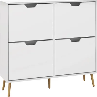 Image de Armoire à chaussures - Étroite avec 4 compartiments rabattables - Pieds en bois - Pour 16 paires - 95×26×95 cm - Blanc