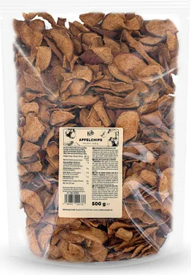 A clear plastic bag filled with apple chips, with a label on the front.