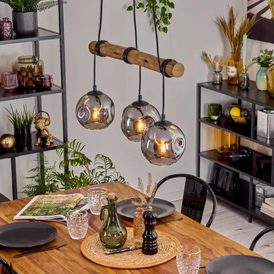 Produktbild von Villamare Hängelampe aus Metall/Holz/Glas in Schwarz/Natur/Rauch