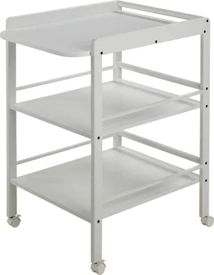 A white three-tiered rolling cart with a changing station on top.
