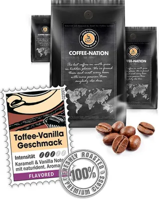 Produktbild von Kaffee TOFFEE-VANILLA aromatisiert von Coffee-Nation, 500g Bohnen