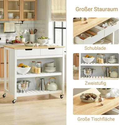 Imagen del producto de Carro de servicio/carro de cocina - Carro con estantes - Madera - Con ruedas - 98 x 94 x 58 cm - Requiere montaje - Blanco