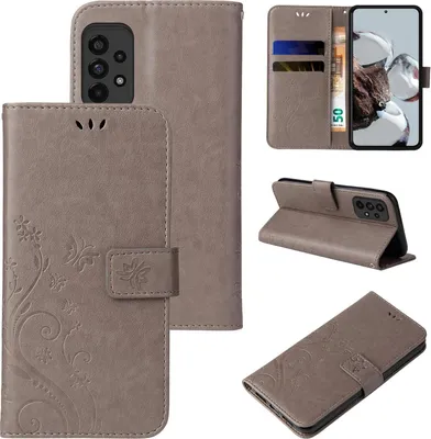 Produktbild von Handyhülle für Samsung Galaxy A73 5G Floral Blumen Schmetterling Flip Cover Hülle Case Klapphülle Handytasche Farbe: Grau