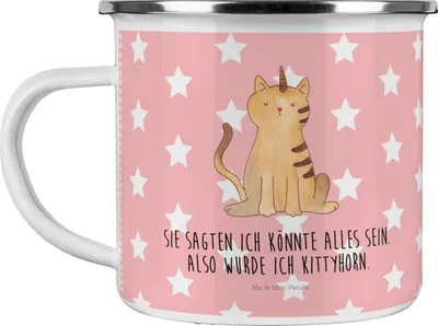 Produktbild von Mr. & Mrs. Panda Tasse Emaille Einhorn Katze - Rot Pastell - Geschenk, Pott, wanderbecher, Kaffeepott, Regenbogen, Teetasse, Unicorn, Katzer, Haferl, Glitzer