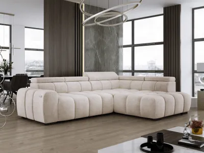 Obrázok produktu pre DomoHome Voľne stojaca rohová pohovka Ombo 297x137cm, tvar L, BEIGE s funkciou spania 125x193cm, pohovka s nastaviteľným operadlom, textúrovaná látka Salvador, nastaviteľná opierka hlavy
