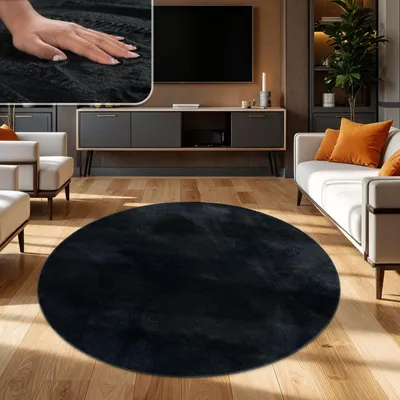 A living room scene with a round black rug in the foreground, a sofa with orange cushions, and a TV stand with a television.