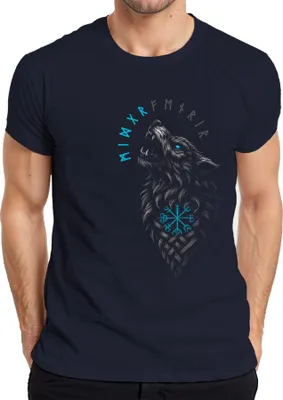 Produktbild von Wikinger Wolf nordisch Vegvisir Runen Valhalla Fenrir Kompass Herren T-Shirt, Navy, 3XL
