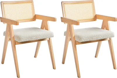 Produktbild von BELIANI Esszimmerstuhl 2er Set Hellbraun u. Hellbeige Holz mit Bouclé Sitzfläche Teddyfell Optik Wiener Geflecht Rückenlehne Küchenstühle Retro Stil