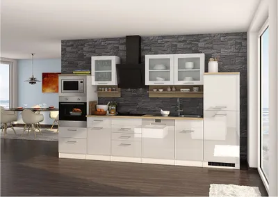 Produktbild von Küche inklusive E-Geräte, 340 cm weiß MARANELLO-03, Weiß Hochglanz, Design-Glashaube mit E-Geräten B x H x T ca. 340 x 200 x 60cm