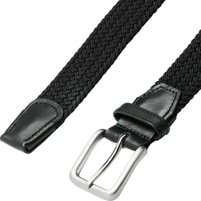 A close-up shot of a black woven belt with a silver buckle.