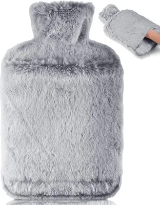 Produktbild von Wärmflasche mit Weichem Bezug –Auslaufsicher 2L Groß Wärmflaschen mit Känguru-Tasche,Naturkautschuk +Bettflasche Flauschig,Handwärmer für Kinder & Erwachsene,Schmerzlinderung (Grau)