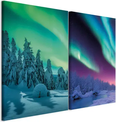 Produktbild von murando - Handart Bilder Set Winterlandschaft Kunstdruck 80x60cm 2 Teilig je 40x60cm Collage 2er Vlies mit Acrylgel Beschichtet Wandbilder Leinwandbilder Dekoration - Nordlicht c-B-10269-b-a