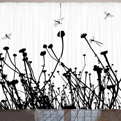 Produktbild von ARANDE Schwarz und weiß Gardine, Wiesenblumen und Libellen-Schattenbild-Frühlings-Natur-Illustration, 280 x 245 cm, Schwarz und weiß